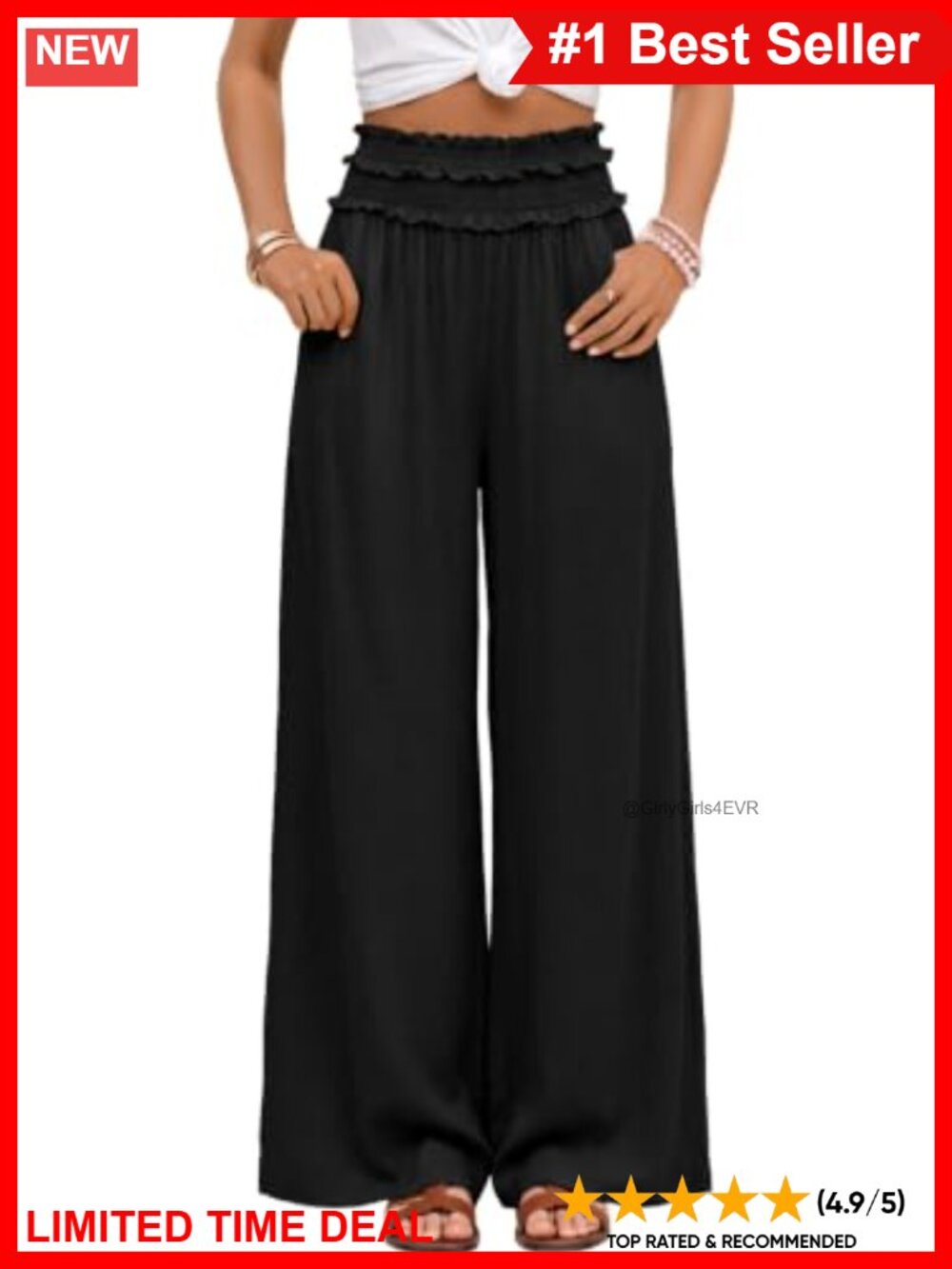 High Waisted Wide Leg Palazzo Pants Smocked Ruffle Waist Flowy Work